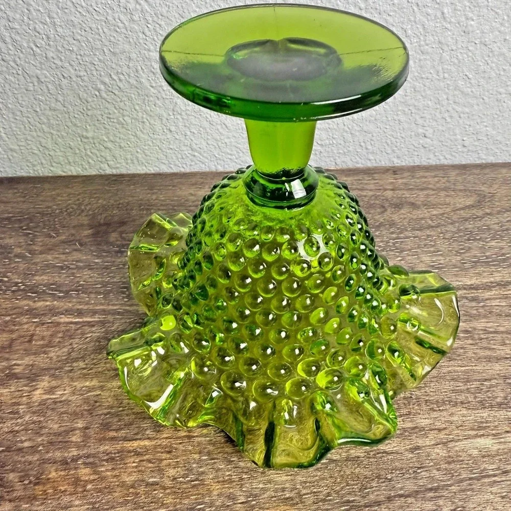 Vintage Uranium Glass Hobnail Pedestal Vase‎ UV Reactive Ruffled Green 5.5